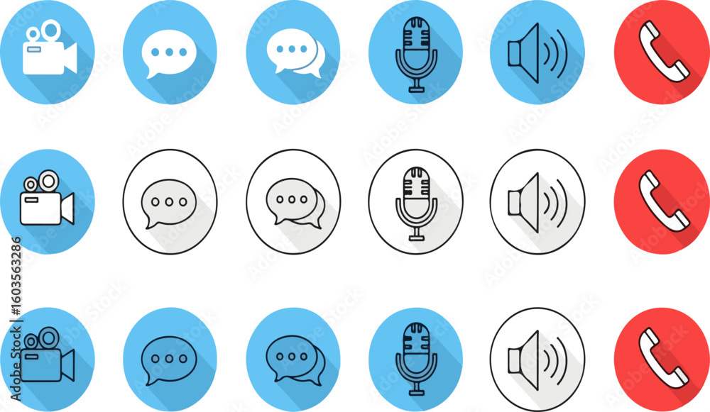 Poster communication icon set with camera, chat bubbles, microphone and speaker | modern flat design style 