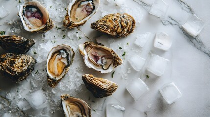 Flat lay of fresh oysters with ice cubes scattered on white surface.
