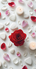 Red rose amidst white petals and candles on white background