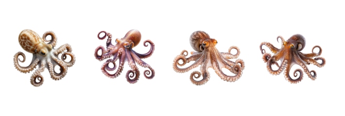 Collection of Octopus squeezing Fits through tight spaces due to its flexible body. full length isolate on transparent background
