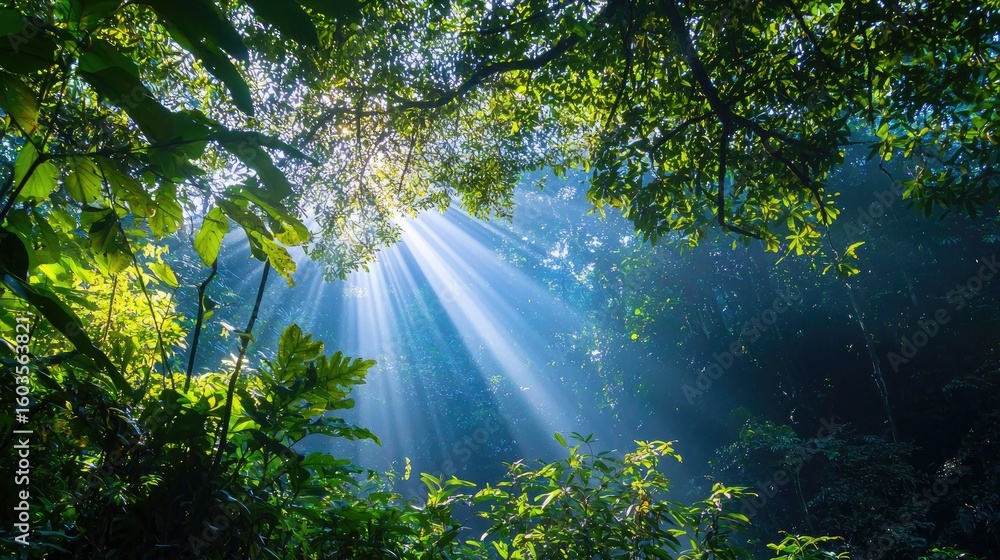 Poster sunlight filtering through dense jungle canopy creating magical atmosphere in lush green rainforest