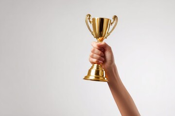 A hand raises a gold trophy against a white background