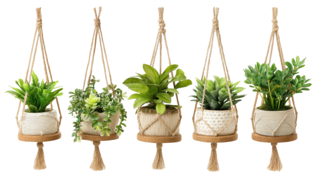Enhance your space with the beauty of four hanging planters, a greenery delight for indoor and outdoor decor
