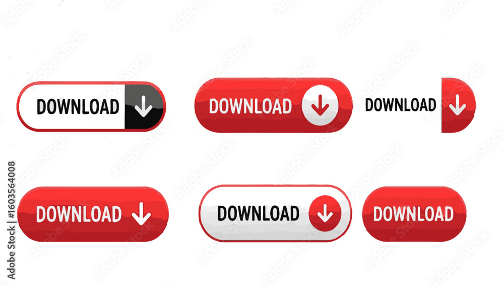 Poster Download Button Vector Set | Red and White UI Buttons for Website, Software and User Interface Design