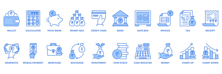 Vector icon set with finance and rupee symbols. Includes wallet, bank, calculator, and credit card icons. Perfect for fintech, apps, accounting, and business projects.
