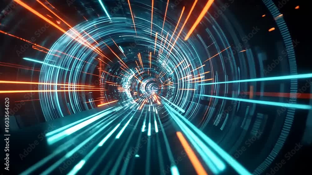 Wall mural futuristic abstract tunnel with glowing blue and orange lines creating a sense of speed and motion