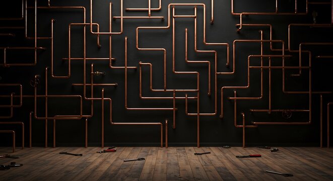 Empty room with Copper pipe maze on a black wall. Steampunk style background