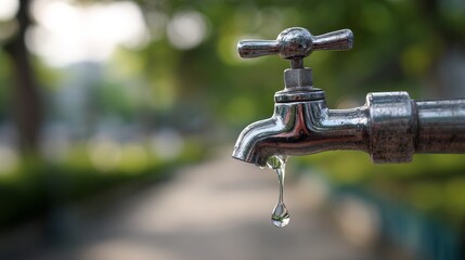Still Moment at a Park Faucet - Realistic Anime-Style Water Droplet