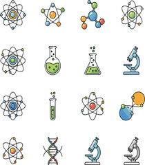 A vibrant vector illustration of a set of chemistry icons with white background.