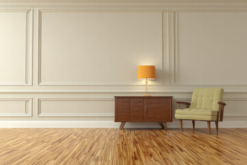 Cream walls, mid-century furniture, orange lamp