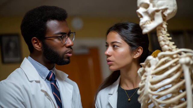 Two medical students closely examine a human skeleton model, representing their dedication to learning and understanding human anatomy in pursuit of medical knowledge and skills.