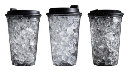Three plastic cups filled with ice, a refreshing summer drink solution refreshing