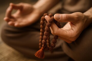 Close-up of person meditating while holding rudraksha prayer beads in hand. Earth-toned clothing and soft lighting. Concept: spirituality, meditation, inner peace