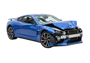 Obraz premium Crashed blue modern car with visible front-end damage, ideal for accident, insurance, or safety visuals. Isolated on white or transparent background. PNG format.