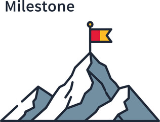 Mountain peak illustration with a flag on top symbolizes achievement, success, and reaching milestones in business or personal goals, rendered in a clean, modern style.