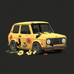 Obraz premium Damaged Yellow Vintage Car with Floral Decals Low Poly 3D Render