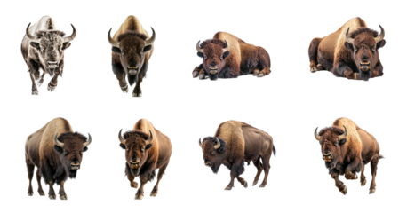 Collection of Bison charging A bison lowers its head and charges forward in a display of strength. full length isolate on transparent background