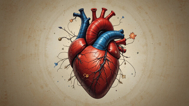 Illustration of Cardiac Anatomy and Blood Vessels. The Intricate Network of Arteries and Veins. A Detailed Look at the Human Circulatory System. A Visual Guide to the Cardiovascular System - Powered by Adobe