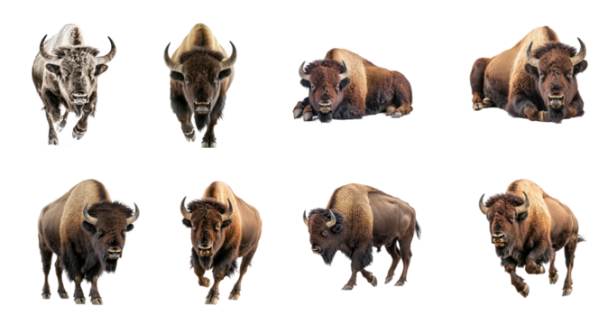 Collection of Bison charging A bison lowers its head and charges forward in a display of strength. full length isolate on transparent background