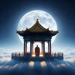 Obraz premium Majestic Chinese Pavilion on Clouds with Full Moon and Emperor