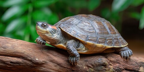 Obraz premium A turtle rests on a weathered log, basking in the dappled sunlight filtering through lush green foliage