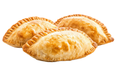 Three golden baked empanadas isolated on white background