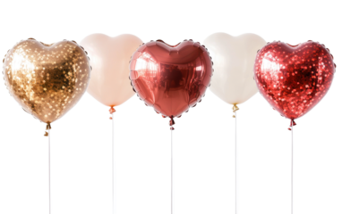 Five heart shaped balloons in a row isolated on white background