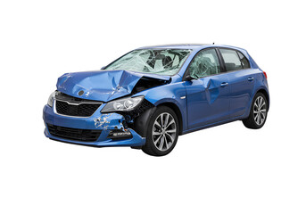 Obraz premium Modern blue car showing extensive damage after crash isolated on white or transparent background. PNG