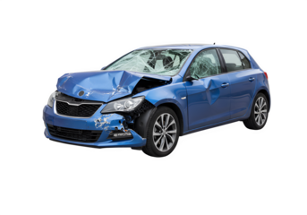 Modern blue car showing extensive damage after crash isolated on white or transparent background. PNG
