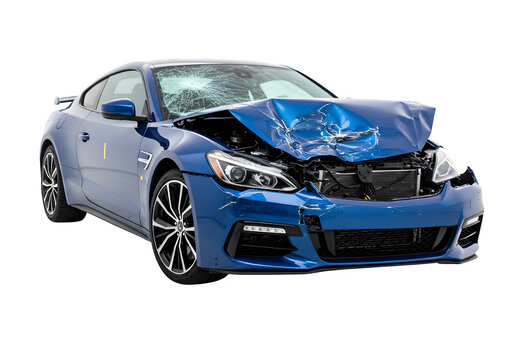 Modern blue car showing extensive damage after crash isolated on white or transparent background. PNG