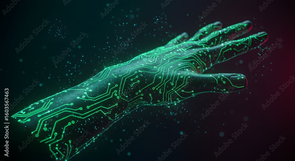 Poster a futuristic hand with glowing green circuit patterns against a dark background with floating partic