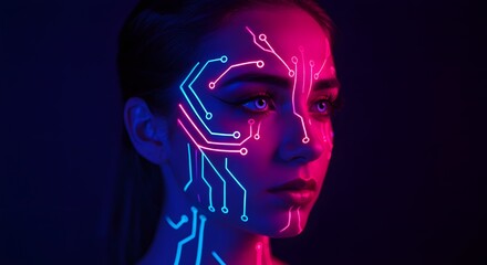 Woman with neon circuit patterns on her face in a dark setting with blue and pink lighting