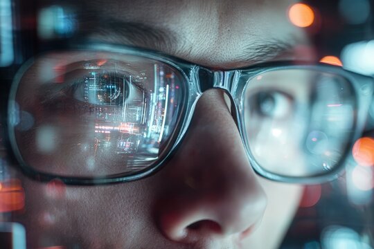 Close-Up of Person Wearing Glasses Reflecting Futuristic Digital Interfaces, Data Analytics, and Modern Technology Concepts