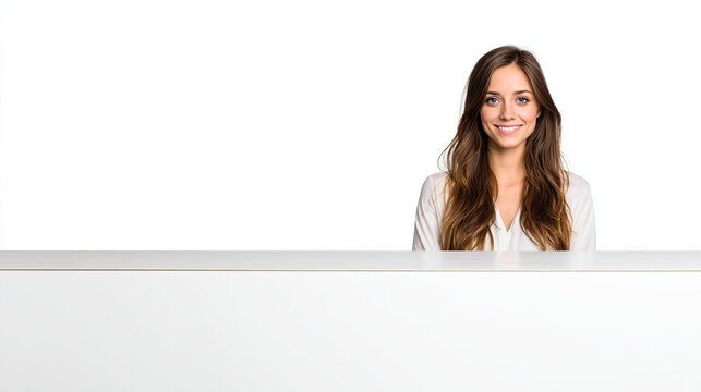 Friendly young woman with warm, professional smile stands confidently behind pristine white desk. bright white background offers ample copy space, enhancing her approachable demeanor - Powered by Adobe