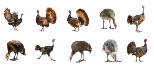 Collection of Turkey flapping A turkey raises its wings and flaps them energetically, sometimes in a display. full length isolate on transparent background