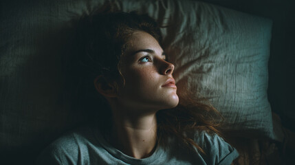 Young woman experiences sleeplessness, lying bed and staring ceiling with pensive expression. Her thoughtful contemplation fills quiet, dark room, reflecting moment of solitude and introspection