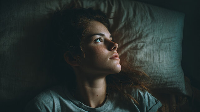 Young woman experiences sleeplessness, lying bed and staring ceiling with pensive expression. Her thoughtful contemplation fills quiet, dark room, reflecting moment of solitude and introspection