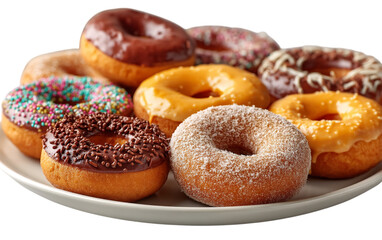 Assorted donuts tempt on a plate. Food photography. Sweet treat for marketing, design, and web use.