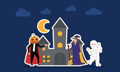 Pumpkin man witch and mummy standing near a castle illustration of appreciation for halloween day edition