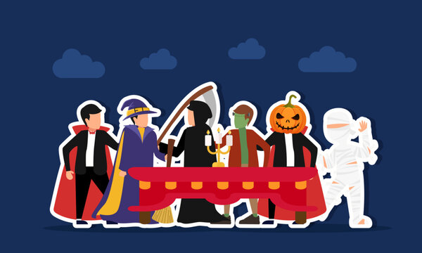 Vampire witch grim reaper zombie monster pumpkin man and mummy gathering near a long red table illustration of appreciation for halloween day edition