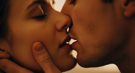A close-up captures a passionate kiss between a man and a woman, conveying deep emotion and romance. Ideal for themes of love, intimacy, and connection.
