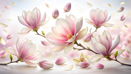 Obraz premium Photo of elegant magnolia flowers in soft pink and white hues blooming gracefully against a dreamy blurred background