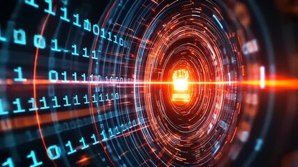 Futuristic digital tunnel with binary code flow and glowing lights, depicting data transfer and technology - Powered by Adobe