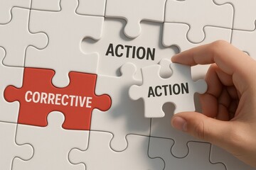 Fototapeta premium Action's Precise Assembly: A closeup shot showcases a hand strategically placing the final piece into a puzzle to reveal the 'Action' concept, illustrating strategic solutions.