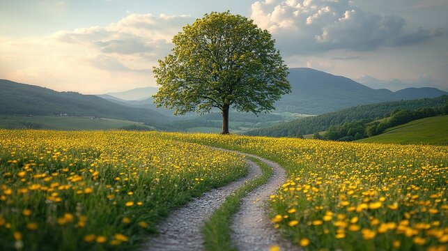 A winding path through a field of yellow flowers, leading to a solitary tree in a scenic landscape. - Powered by Adobe