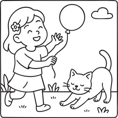 Happy Girl Playing with Balloon and Stretching Cat – Cute Line Art for Coloring Page