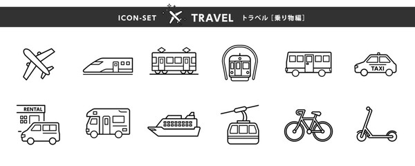 Naklejka na ściany i meble 旅行アイコンセット　乗り物編（飛行機・新幹線・バズ・レンタカーなど）Travel Transport Icons Set