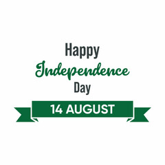 Minimalist Happy Independence Day badge with green ribbon and bold “14 August” typography celebrating Pakistan’s national holiday on a white background.