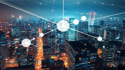 A futuristic city skyline at night, illuminated by lights and connected by digital network lines - Powered by Adobe