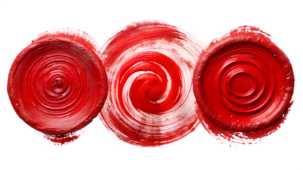 Photo of three vibrant red abstract paint circles with swirling brush strokes and textures on a transparent background for artistic design elements